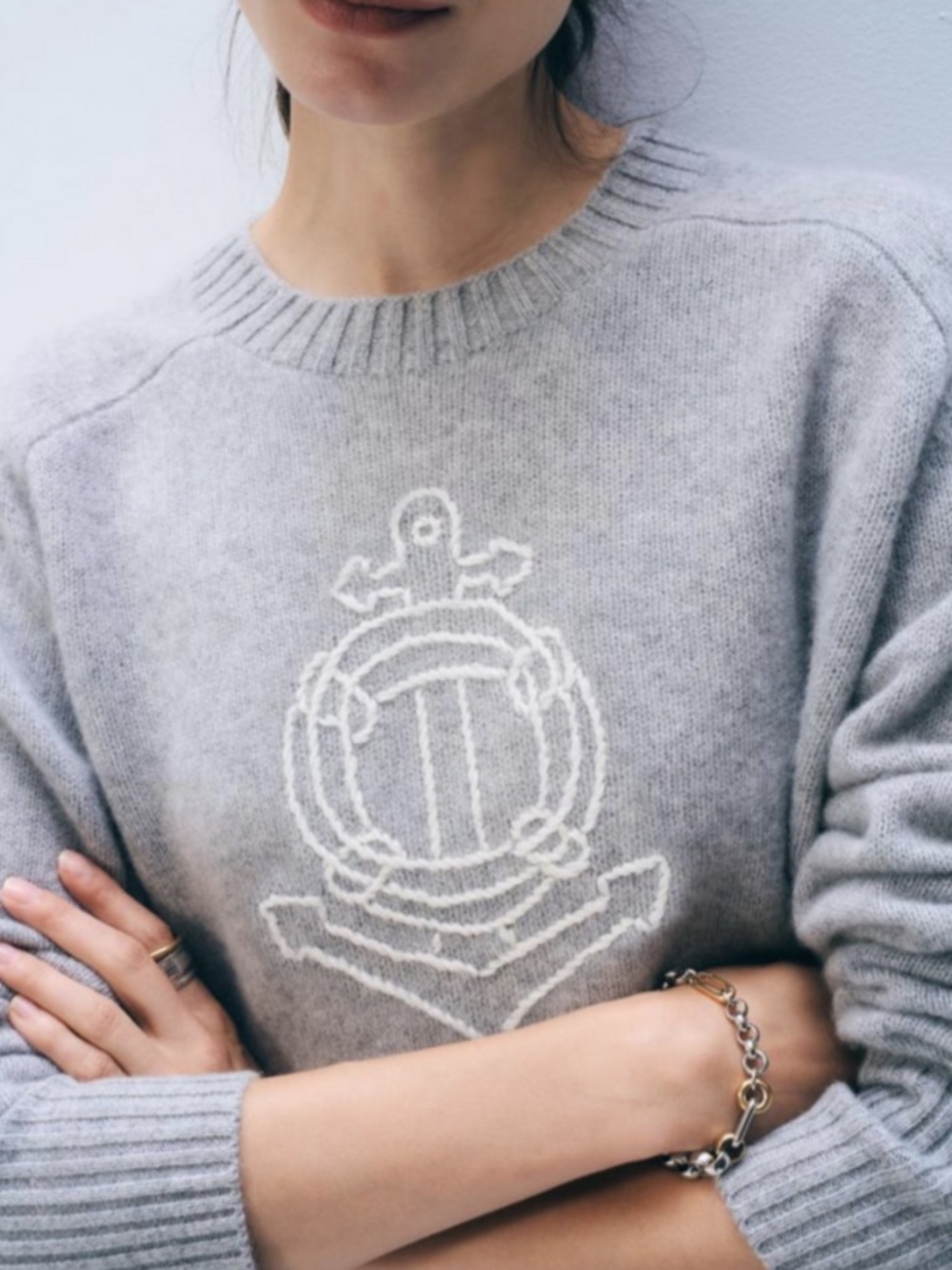 WHITE + WARREN  CASHMERE NAUTICAL EMBROIDERED SWEATER